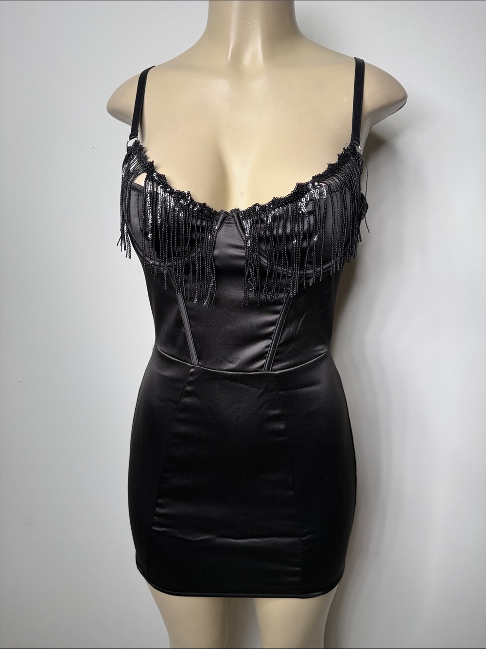 Women's Black Beaded Fringe Satin Slip Dress